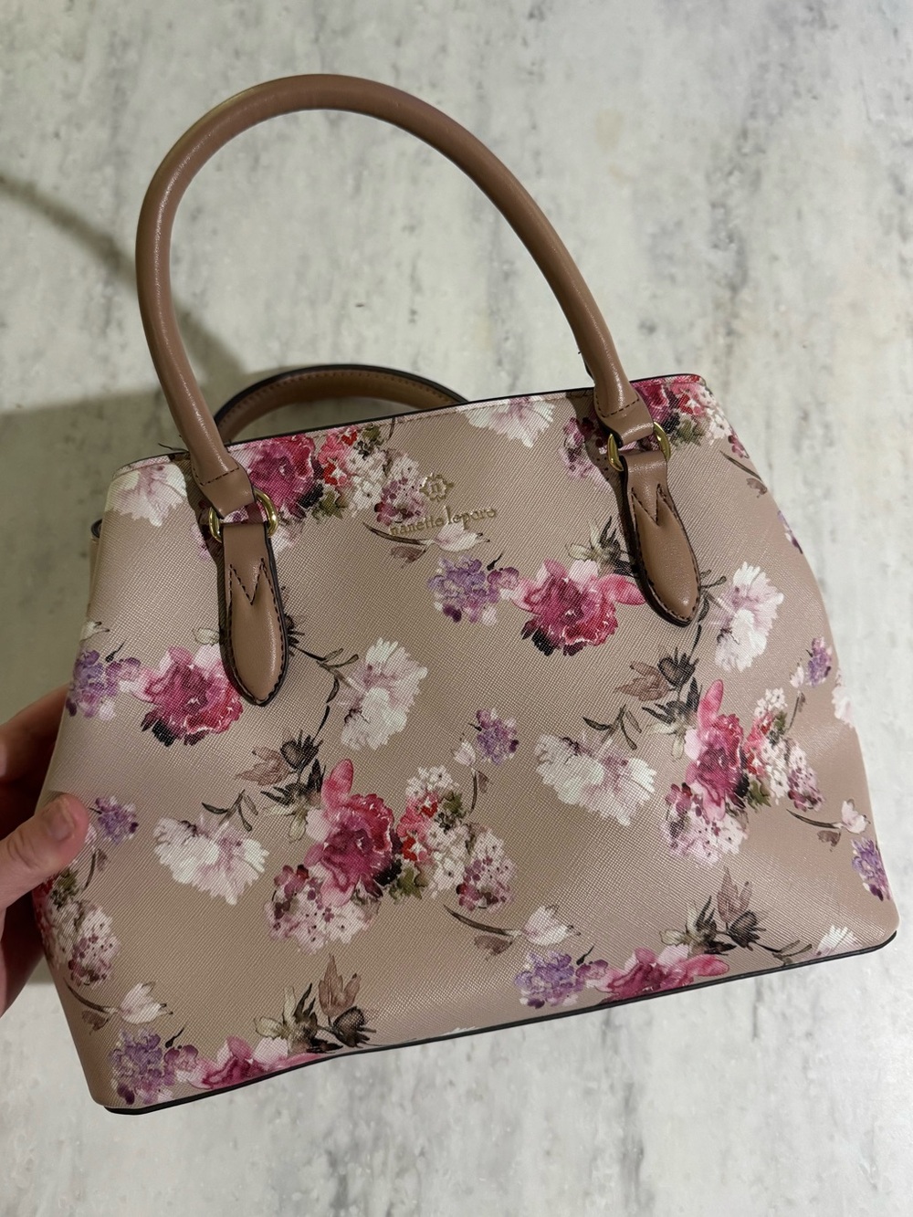 Floral Feminine Cute Beige Top-Handle Women's Vegan Leather Neutral Handbag